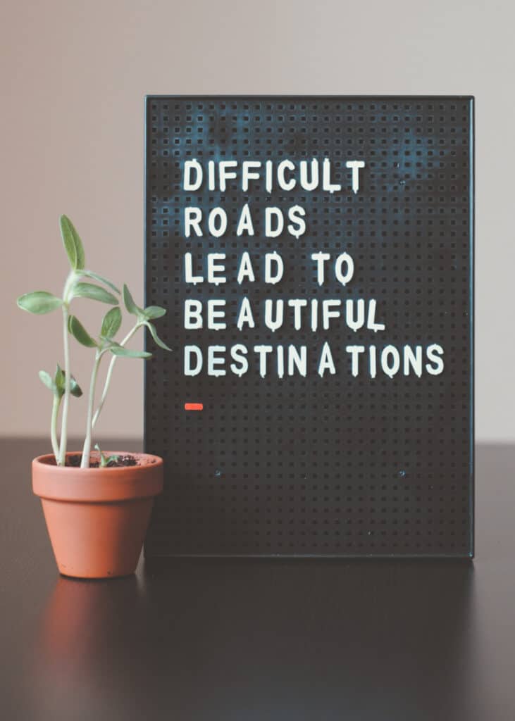 Plant next to sign that reads: difficult roads lead to beautiful destinations. | Overcome addiction help and recovery. 